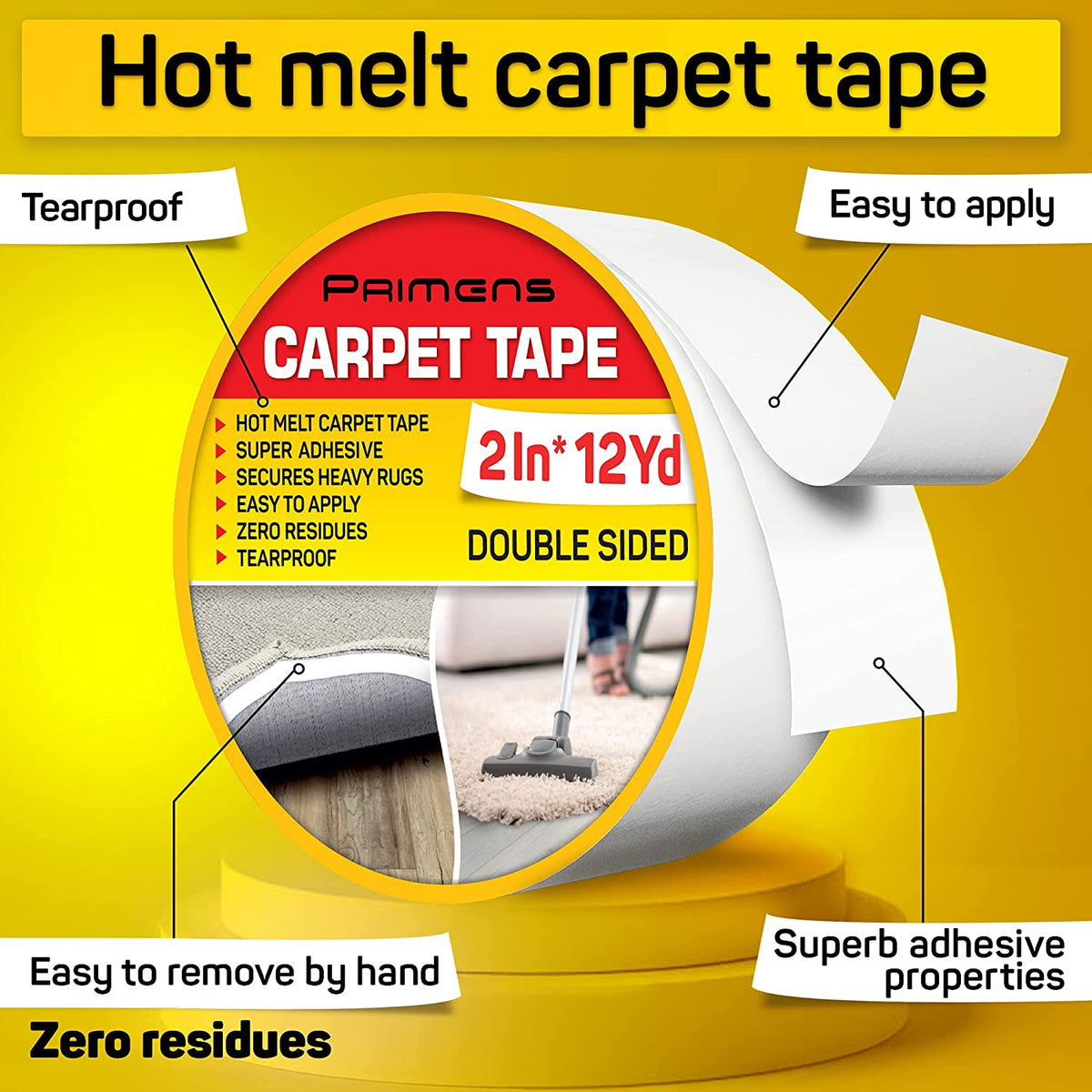 Double Sided Carpet Tape Rug Grippers for Hardwood Floors 2 Inch x 12 Yards