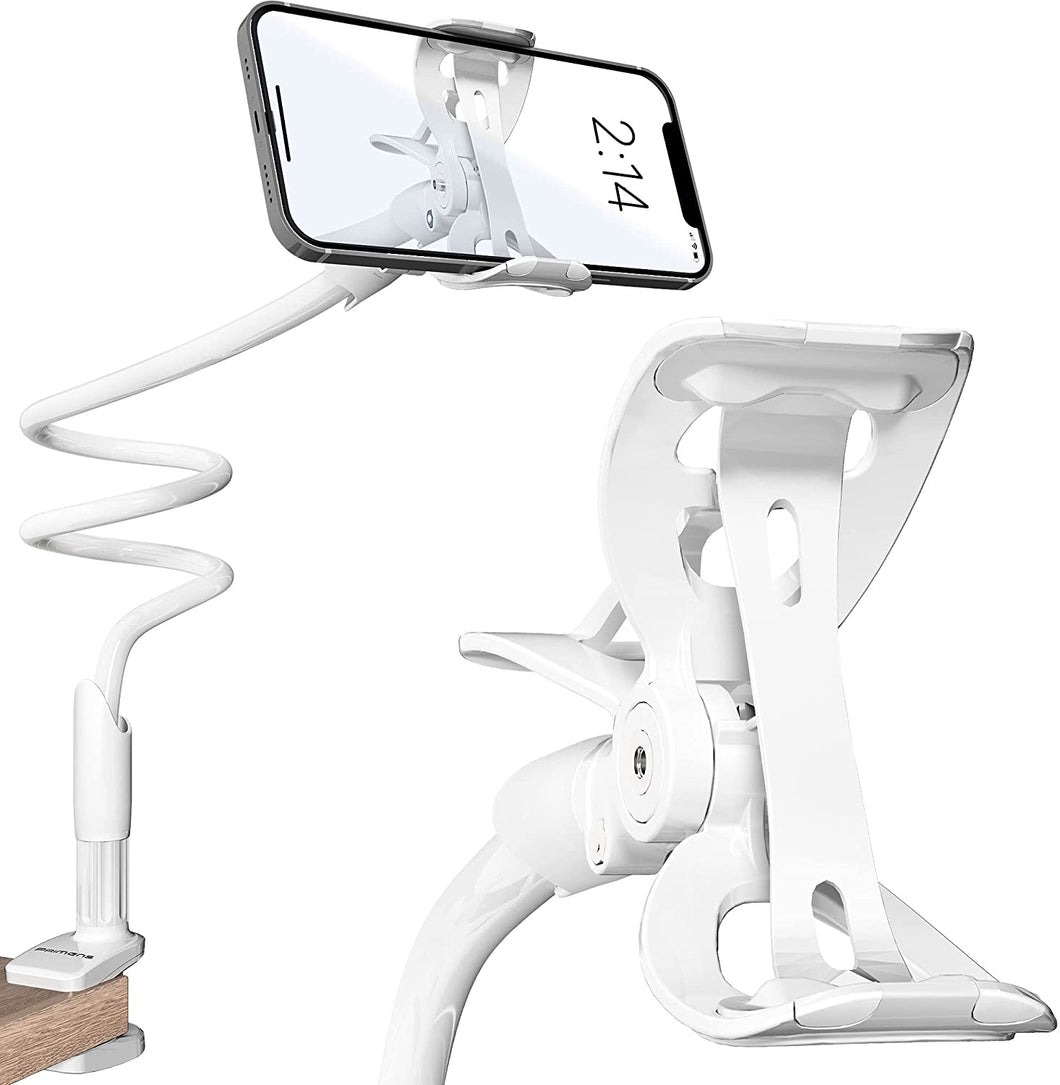 Phone Holder for Bed, Gooseneck Phone Holder Mount for Desk, Cell Phone Stand for Bed with Flexible Long Arm Overhead Mount, Adjustable 360 Clamp, Lazy Bedside Mobile Clip On Phone Holder, White