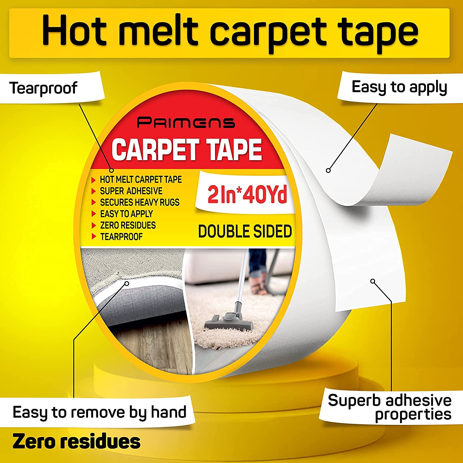 Double Sided Carpet Tape for Hardwood Floors, Tile Floors, Laminate Floors,  Rug Tape Hardwood Floor, Double Sided Carpet Tape for Area Rugs, Rug