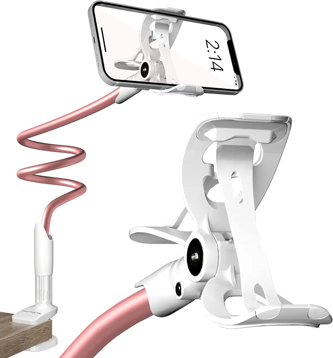 Phone Holder for Bed, Gooseneck Phone Holder Mount for Desk, Cell Phone Stand for Bed with Flexible Long Arm Overhead Mount, Adjustable 360 Clamp, Lazy Bedside Mobile Clip On Phone Holder, Pink