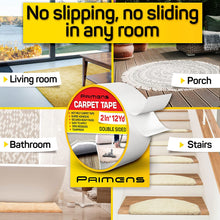 Load image into Gallery viewer, Double Sided Carpet Tape - Rug Grippers Tape for Area Rugs and Hardwood Floors Safe - Carpet Binding Tape Removable, Residue Free, Strong Adhesive and Heavy Duty Stickers Tape, 2 Inch / 12 Yards