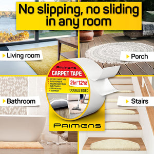 Double Sided Carpet Tape - Rug Grippers Tape for Area Rugs and Hardwood Floors Safe - Carpet Binding Tape Removable, Residue Free, Strong Adhesive and Heavy Duty Stickers Tape, 2 Inch / 12 Yards