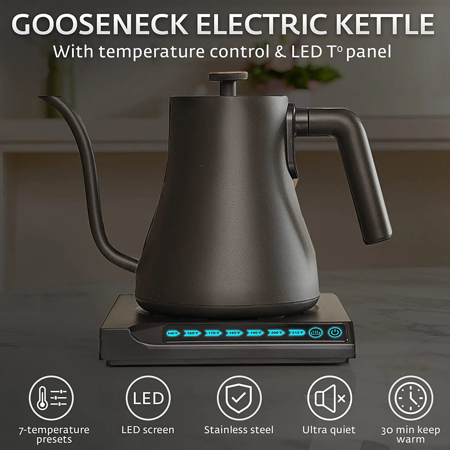 Electric Gooseneck Kettle - 1L, 120 Volt, Stainless Steel for coffee tea