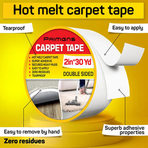 Double Sided Carpet Tape - Rug Grippers Tape for Area Rugs and Hardwood Floors - Carpet Binding Tape Removable, Residue Free, Strong Adhesive and Heavy Duty Stickers, Hardwood Safe, 2 Inch / 30 Yards