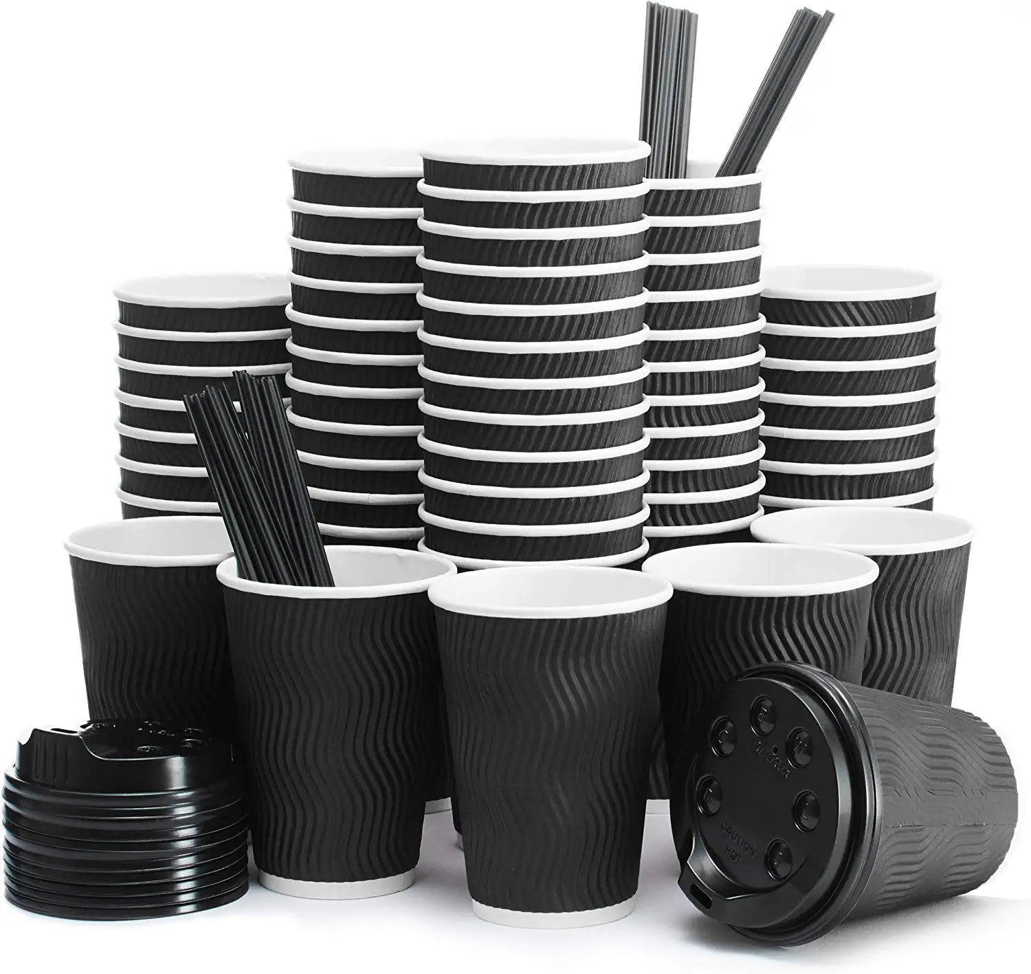 Eco-Friendly Paper Cups with Lids, Straws & Stands - 12oz Cups