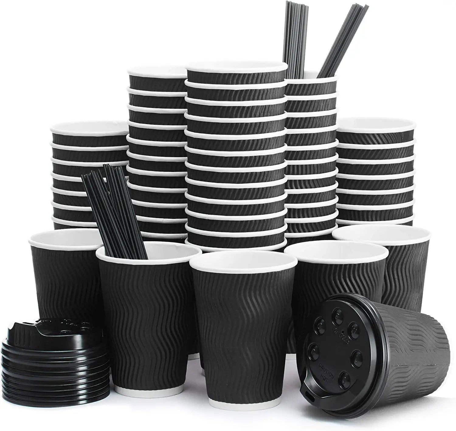 Insulated Disposable Coffee Cups with Lids & Straws 12 oz, 100