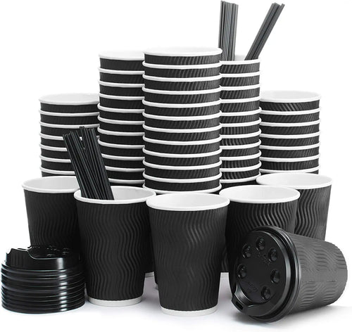 Insulated Disposable Coffee Cups with Lids & Straws 12 oz, 100 Packs - Paper Cups for Hot Beverage Drinks To Go Tea Coffee Home Office Car Coffee Shop Party (Black)