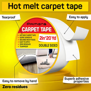 Double Sided Carpet Tape - Rug Grippers Tape for Area Rugs and Hardwood Floors - Carpet Binding Tape Removable, Residue Free, Strong Adhesive and Heavy Duty Stickers, Hardwood Safe, 2 Inch / 20 Yards