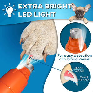 Dog Nail Grinder with LED Light, Rechargeable Dog Nail Grinder for Large Dogs, Medium & Small Dogs, Professional Pet Nail Grinder for Dogs Quiet Soft Puppy Grooming, Cat Trimmer (Orange)